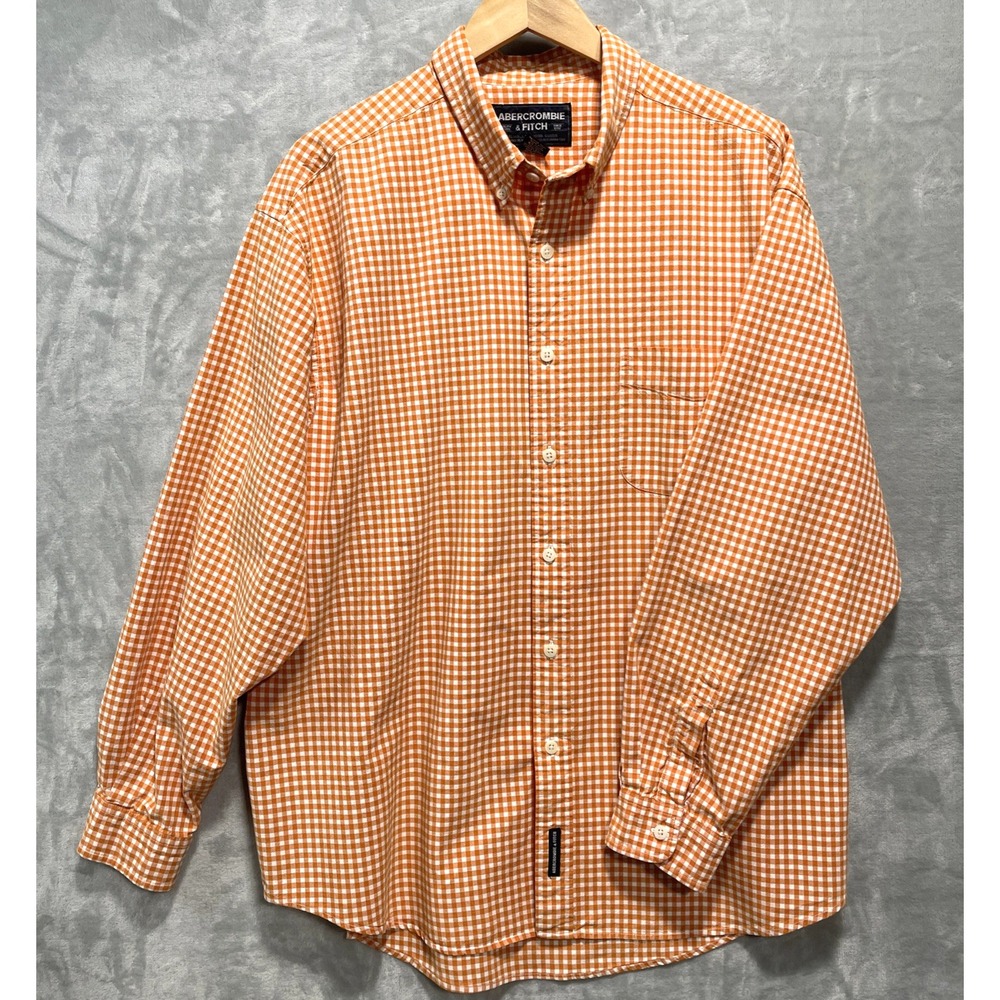 Abercrombie & Fitch Shirt Mens XL Orange White Gingham Long Sleeve Y2K Preppy